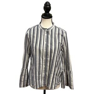 Lucky Brand Women's Striped Button Down Blouse Bell Sleeve Mandarin Collar M